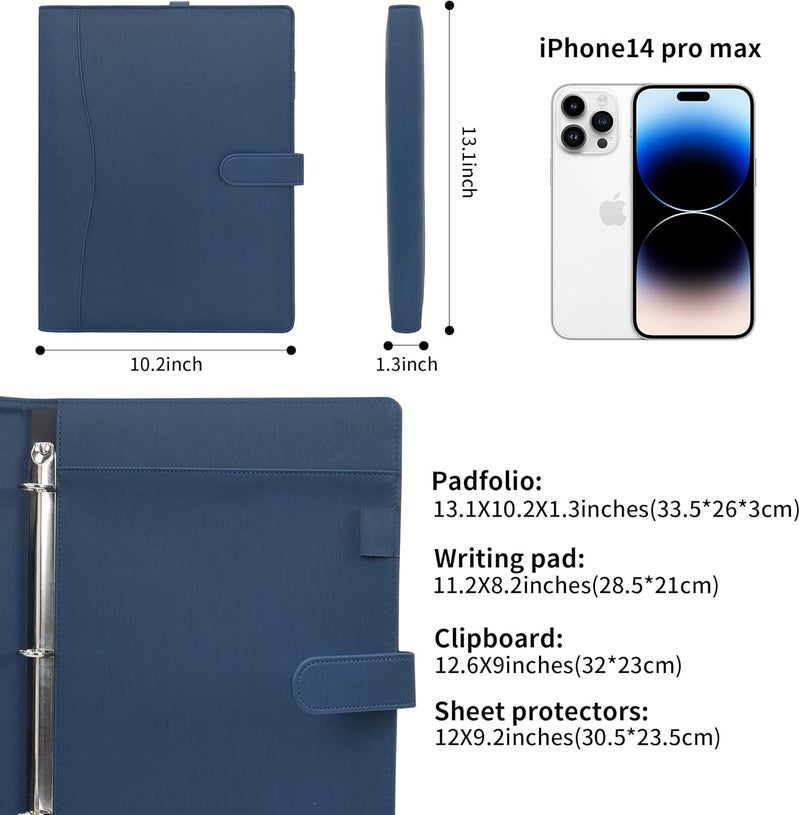 WONDERPOOL A4 PU Leather Portfolio Holder Ring File Document Case with Removable Binder Clipboard, Multi Pocket and Legal Pad for Business Organizer Interview and Meeting (Dark Blue) - Image 3